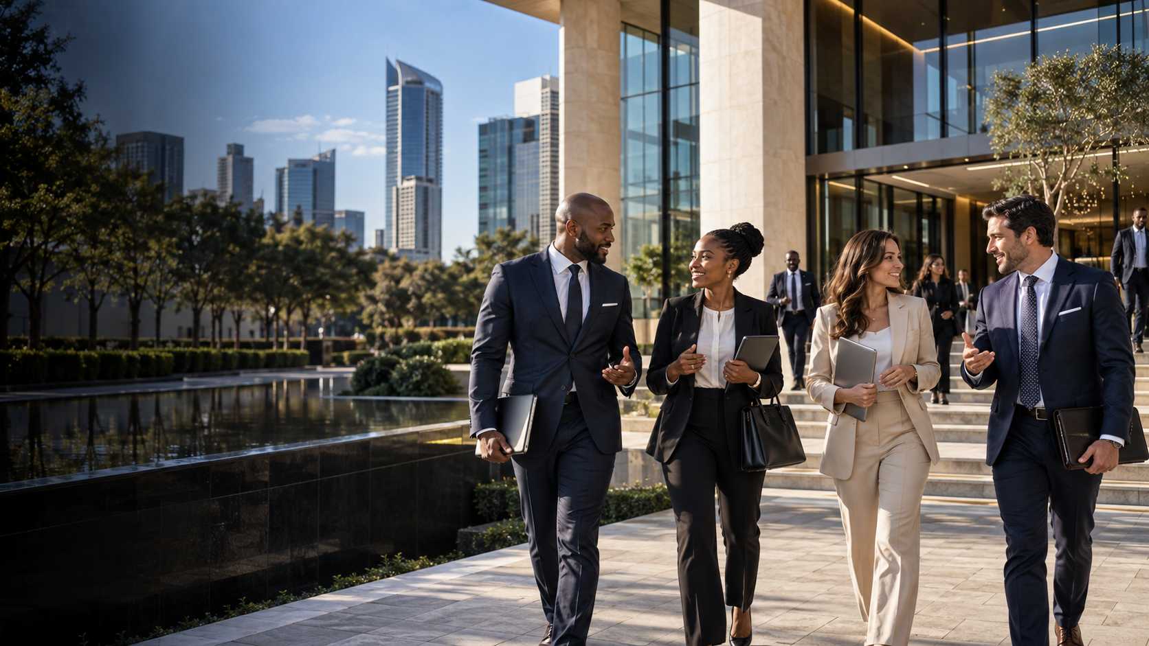 Financial advisers walking together outside a modern business centre